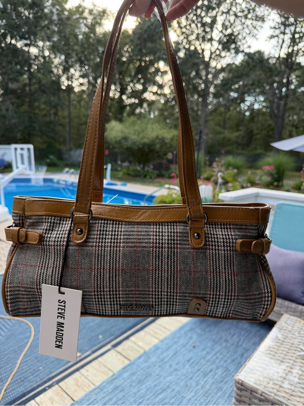 NWT Steve Madden Plaid Shoulder Bag with Brown Trim and Red Accents